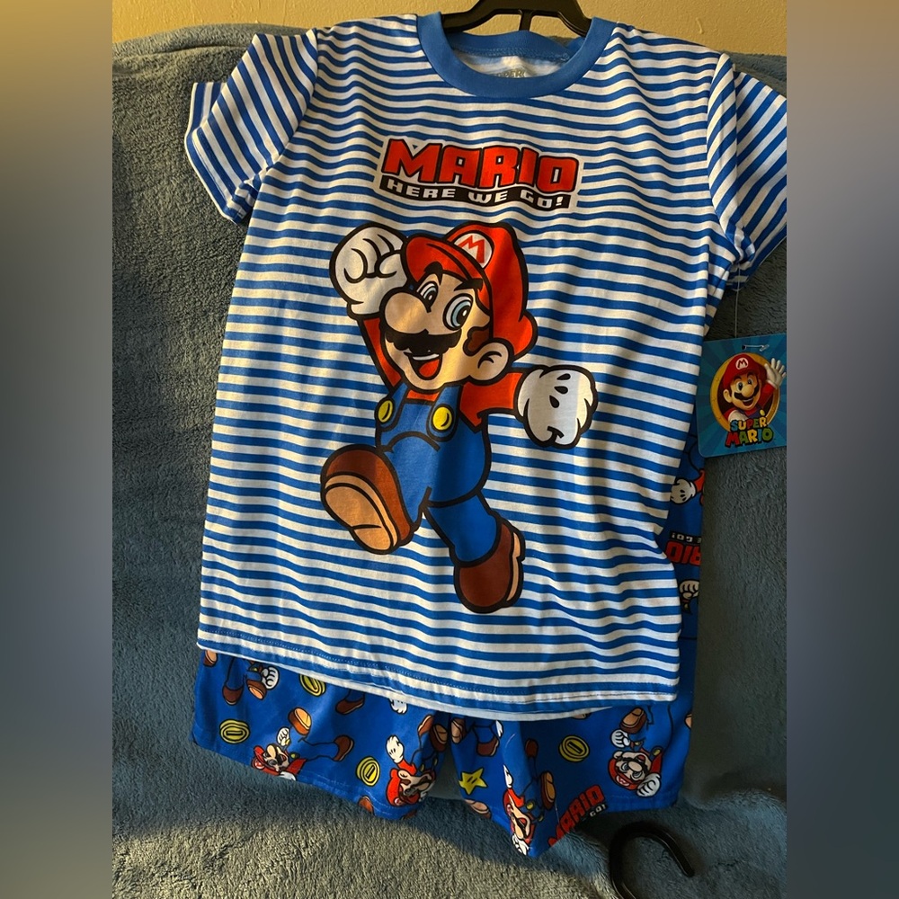 Nintendo Super Mario Boys Pajama Set NWT Blue Striped Short Sleeve & Shorts